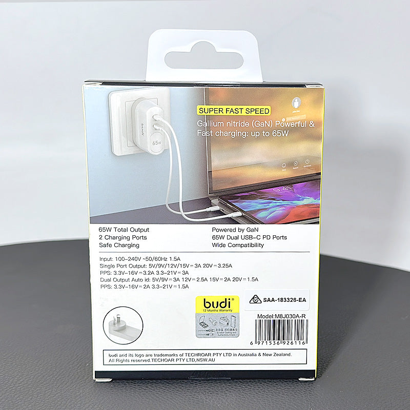 Budi PD 65W Dual USB-C GaN wall charger M8J030AR