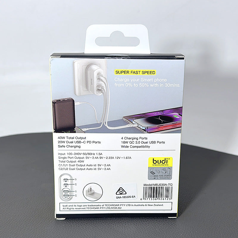 Budi Dual PD 40W QC 3.0 wall charger M8J030ATQ