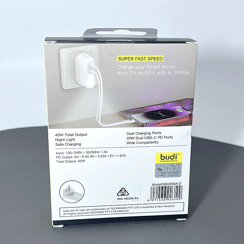 Budi Dual PD 40W with night light wall charger M8J030AD