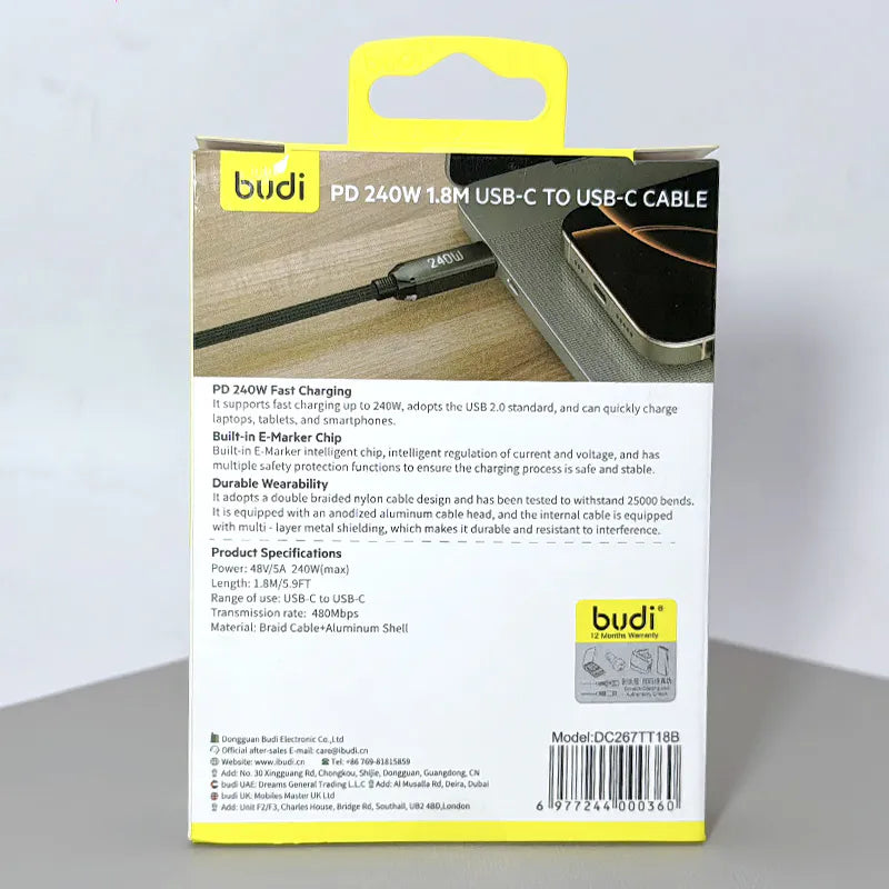 Budi DC267TT18 1.8m PD 240W Type-C to C Cable