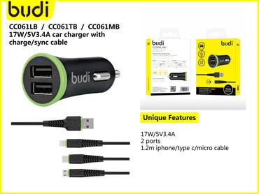 Budi 1.2m 2 USB car charger Type-C cable 061
