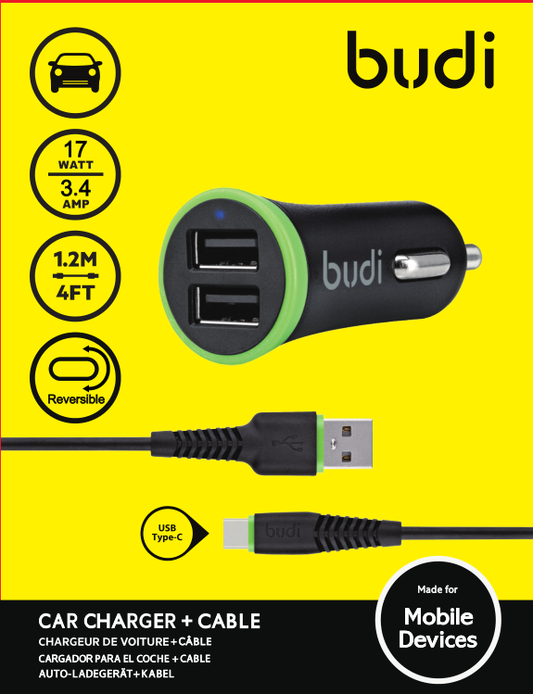 Budi 1.2m 2 USB car charger Type-C cable 061