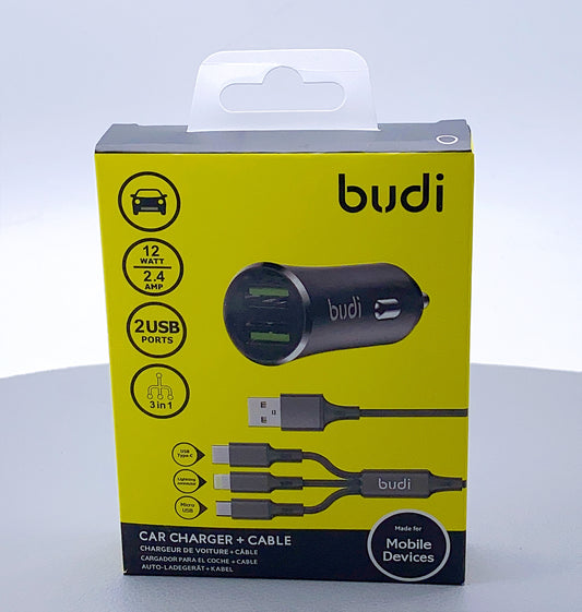 Budi 12W 2 USB car charger with 3 in 1 cable M8J627