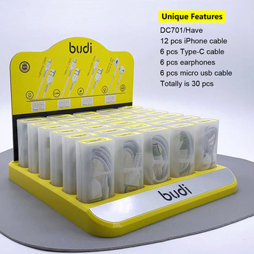 Budi 30 in 1 set (12 PCS Lightning cable,6 PCS Micro cable ,6 PCS Tye-C cable,6 PCS 3.5mm Aux earphones)