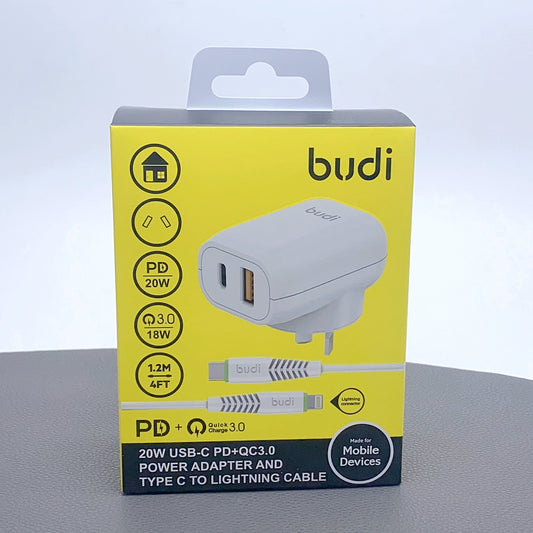 Budi 1.2m QC 3.0 PD 2OW wall charger with Type-C to lightning cable AC339VATLW