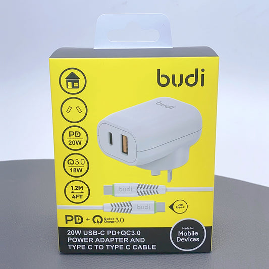 Budi 1.2m QC 3.0 PD 2OW wall charger with Type-C to Type-C cable AC339VATTW