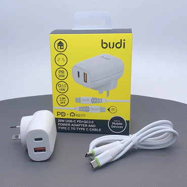 Budi 1.2m QC 3.0 PD 2OW wall charger with Type-C to Type-C cable AC339VATTW