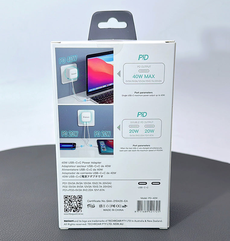 Maxguard PD 40W USB-C+C Power adapter(AC) home wall charger PD40W