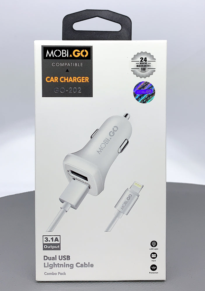 Mobigo dual USB fast car charger with lightning cable GO202