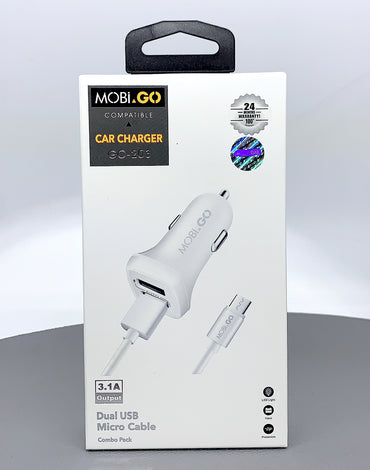 Mobigo dual USB fast car charger with micro cable GO203