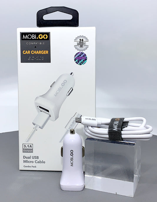 Mobigo dual USB fast car charger with micro cable GO203