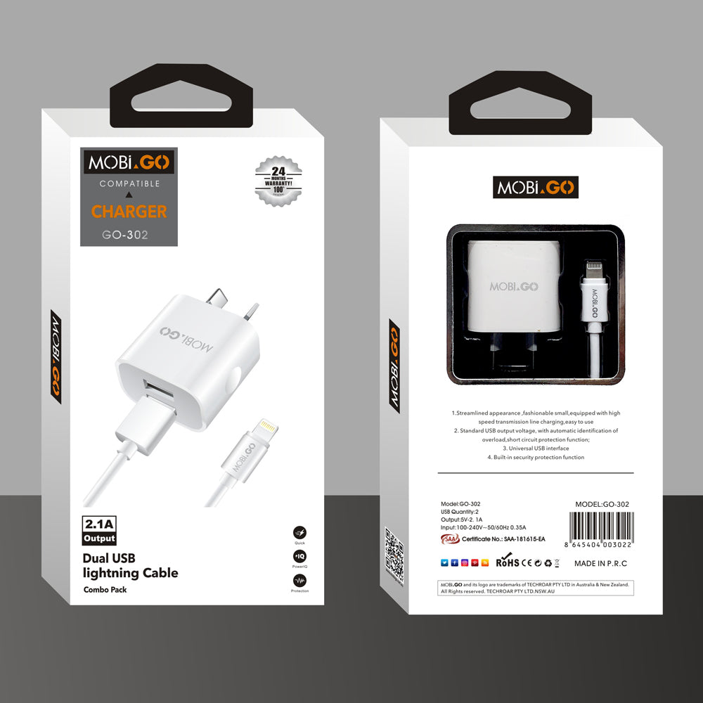 Mobigo dual USB fast home charger with lightning cable GO302