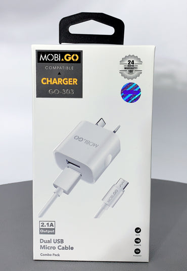 Mobigo dual USB fast home charger with micro cable GO303