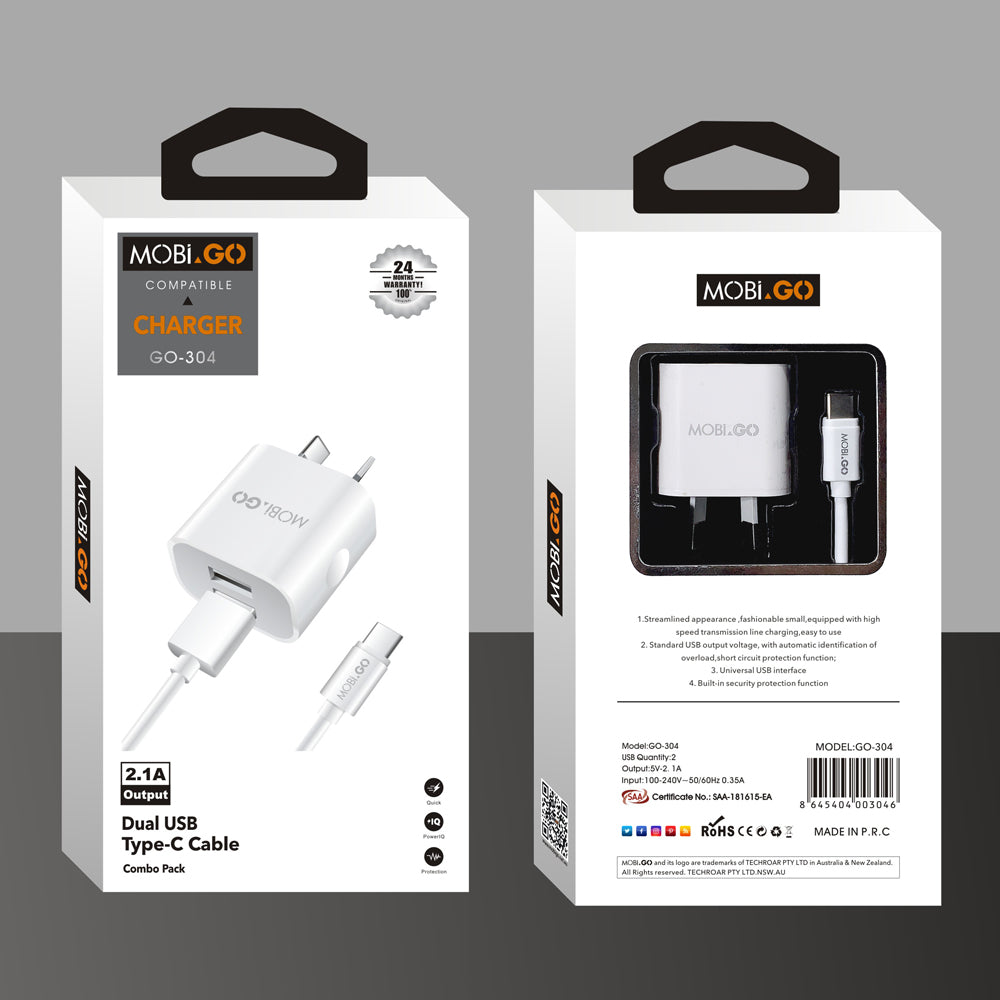 Mobigo dual USB fast home charger with type-c cable GO304