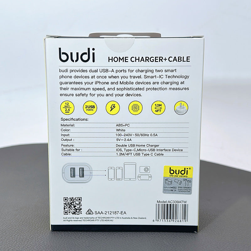 Budi home charger with Type-C cable AC339ATW