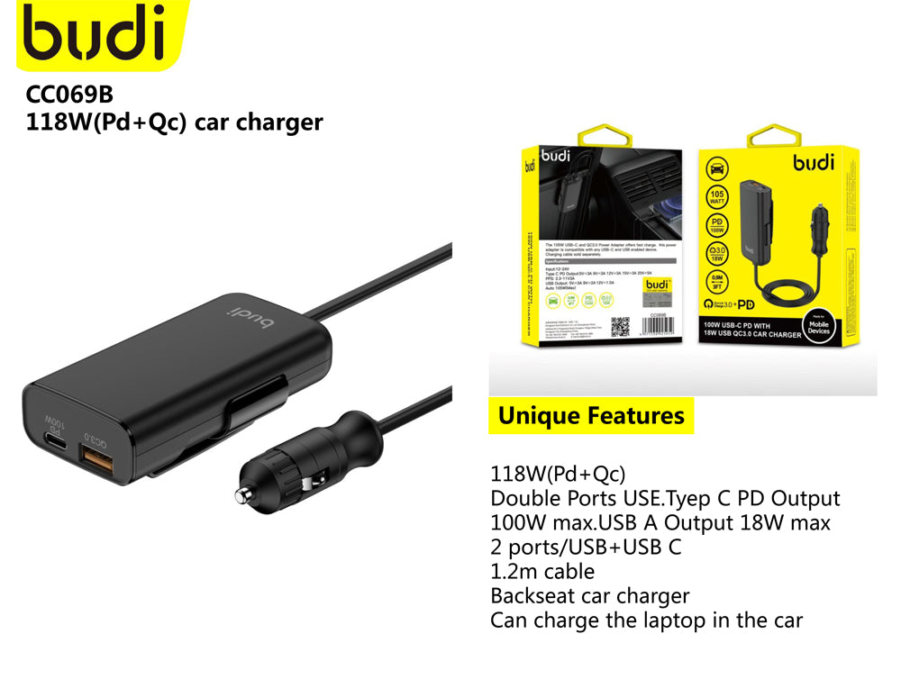 Budi 1.5m PD 100W QC 3.0 car charger CC069B (Support laptops /MacBook /phones)