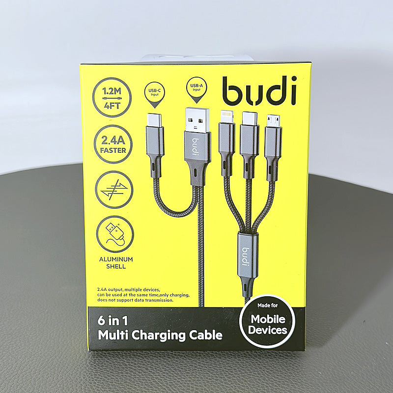 Budi 1.2m 2.4A 6 in 1 Multi Charging Aluminum Shell cable DC203T512