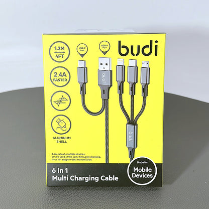 Budi 1.2m 2.4A 6 in 1 Multi Charging Aluminum Shell cable DC203T512