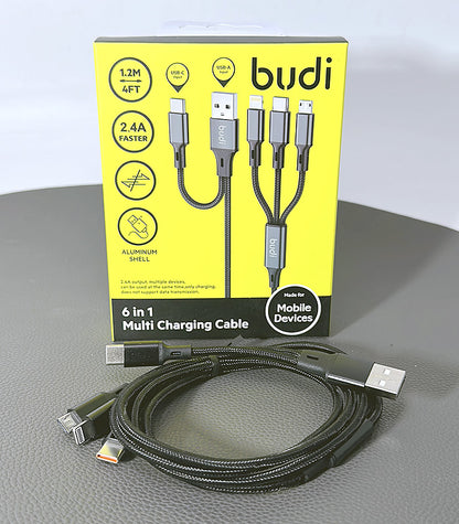 Budi 1.2m 2.4A 6 in 1 Multi Charging Aluminum Shell cable DC203T512