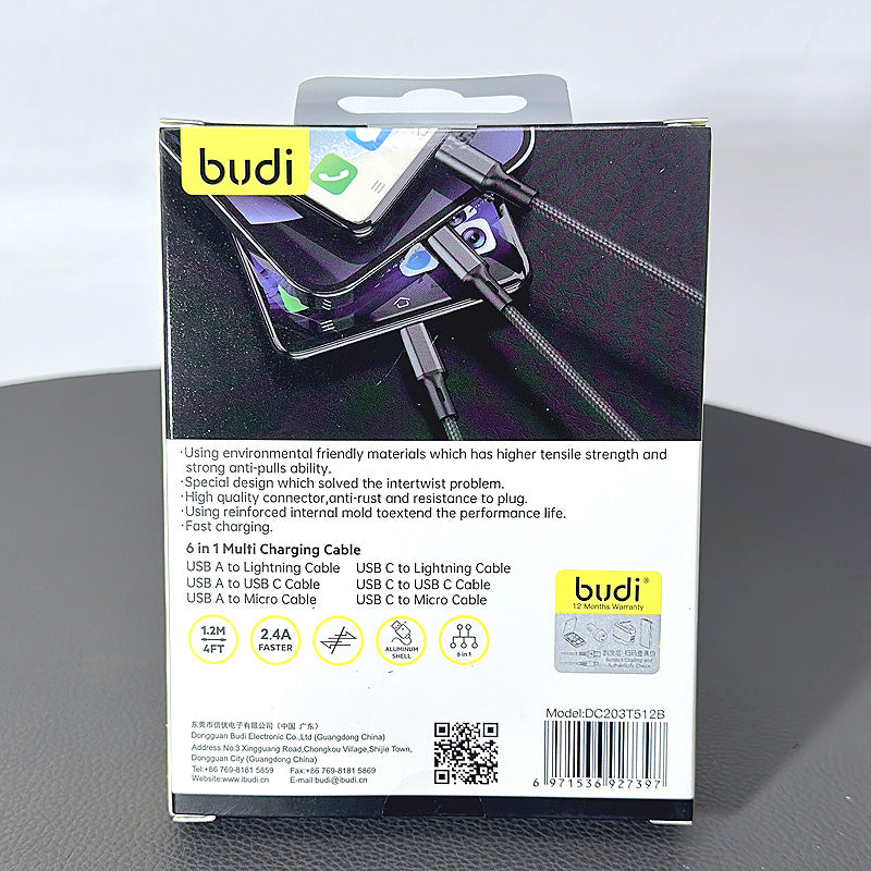 Budi 1.2m 2.4A 6 in 1 Multi Charging Aluminum Shell cable DC203T512