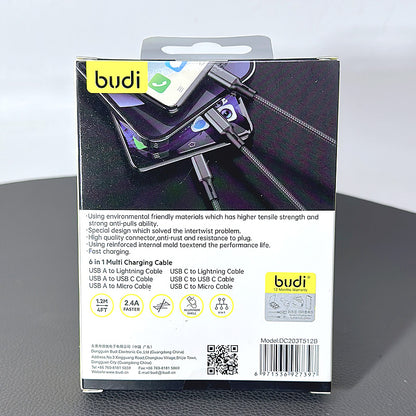 Budi 1.2m 2.4A 6 in 1 Multi Charging Aluminum Shell cable DC203T512