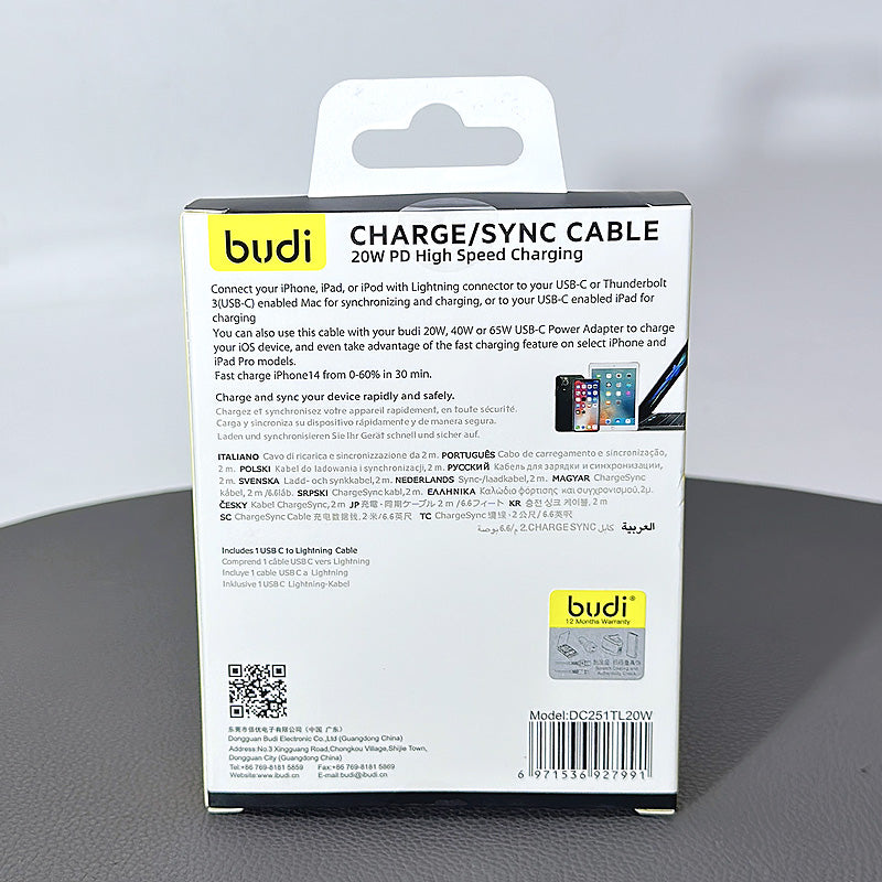 Budi 2m PD 20W Type-C to Lightning High Speed Charging Aluminum Shell Cable DC251TL20W