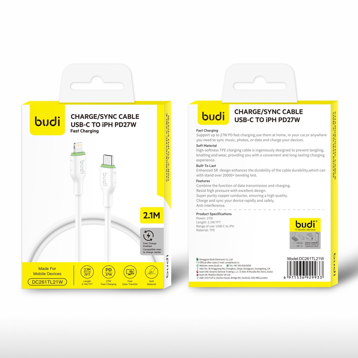 Budi DC261TL21W 2.1m 27W Type-C to Lightning Cable