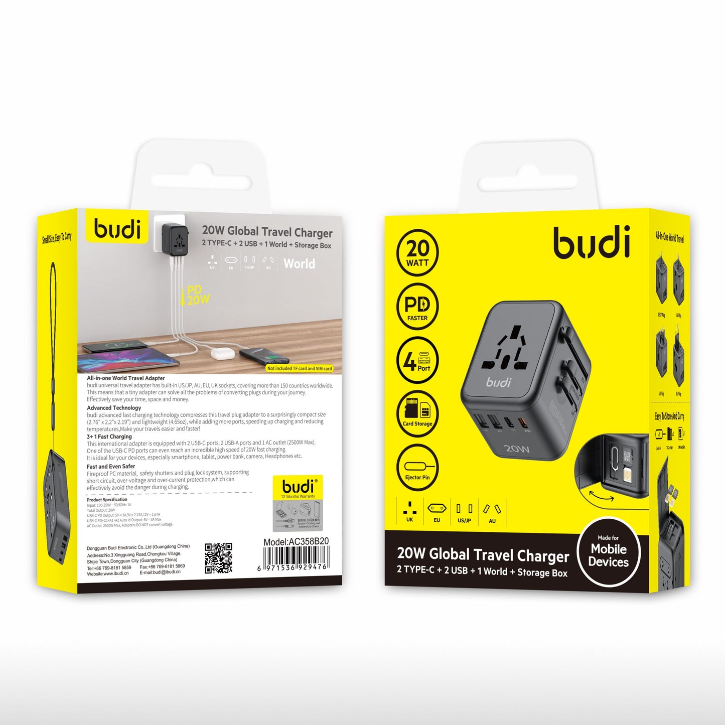 Budi AC358B20 PD 20W Global Travel Charger