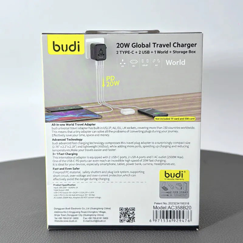 Budi AC358B20 PD 20W Global Travel Charger