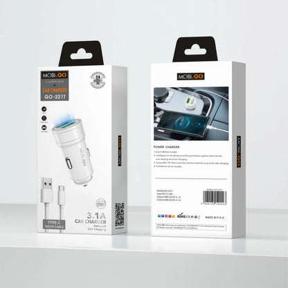 Mobigo GO221T 3.1A 2 USB car Charger with USB-A to C combo
