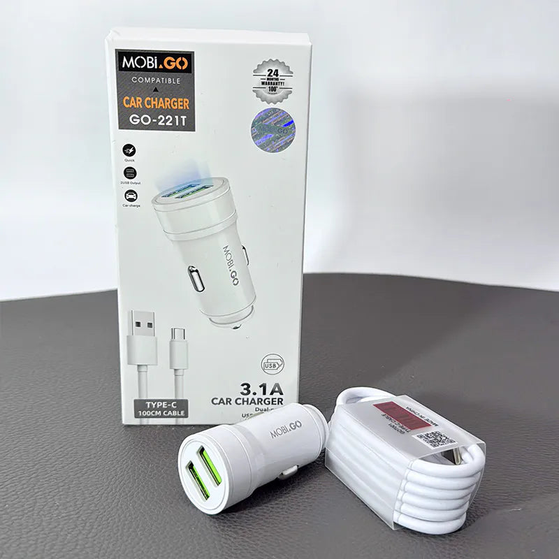 Mobigo GO221T 3.1A 2 USB car Charger with USB-A to C combo