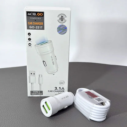 Mobigo GO221T 3.1A 2 USB car Charger with USB-A to C combo