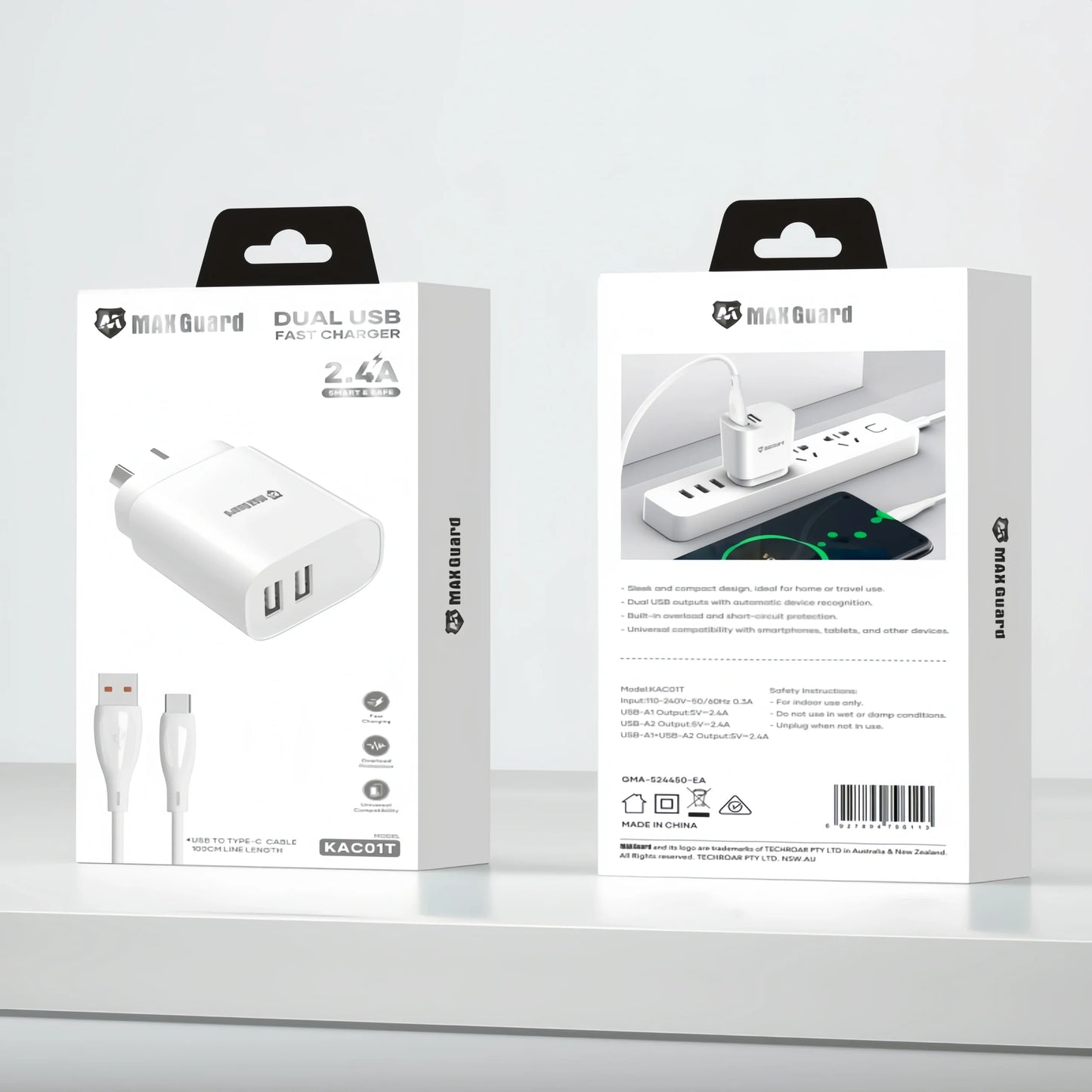 Maxguard KAC01T 2.4A wall charger with USB-A to C combo