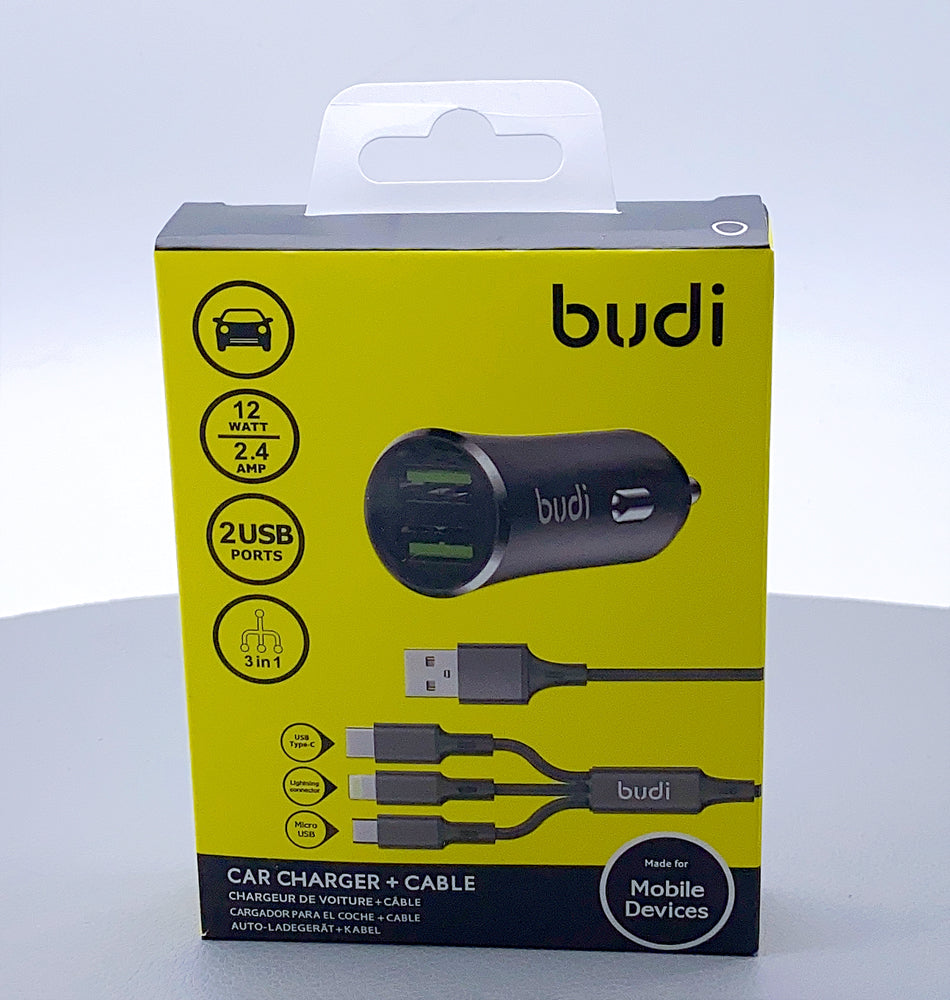 Budi 12W 2 USB car charger with 3 in 1 cable M8J627