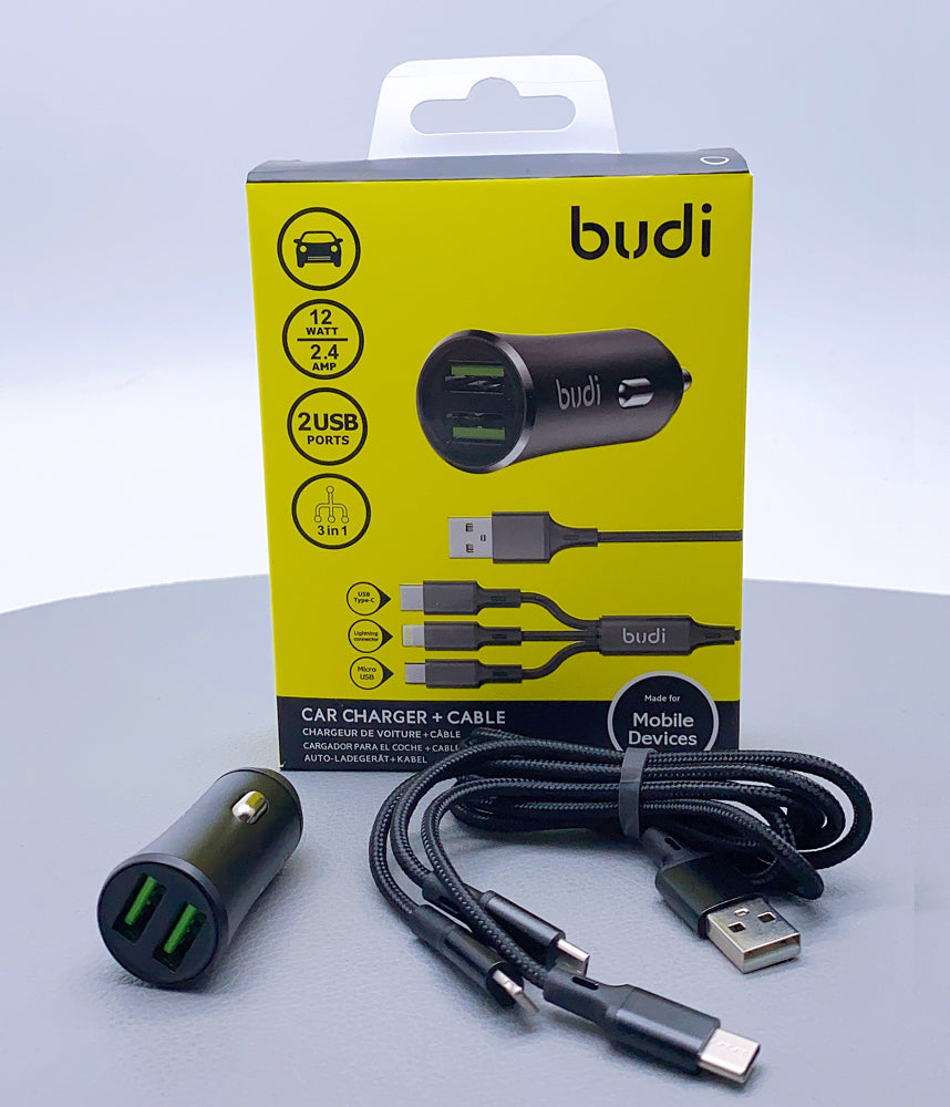 Budi 12W 2 USB car charger with 3 in 1 cable M8J627