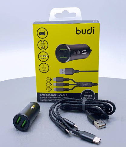 Budi 12W 2 USB car charger with 3 in 1 cable M8J627