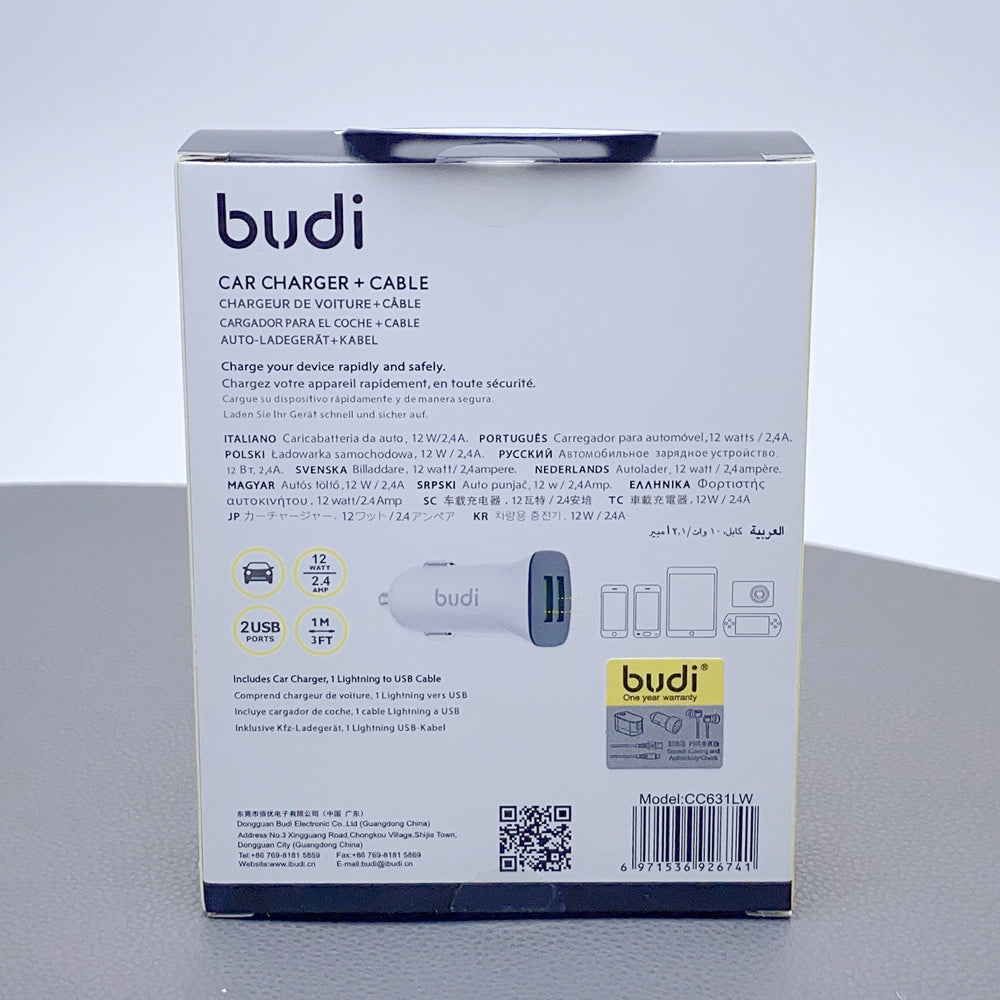 Budi 1m car charger with lightning cable CC631LW