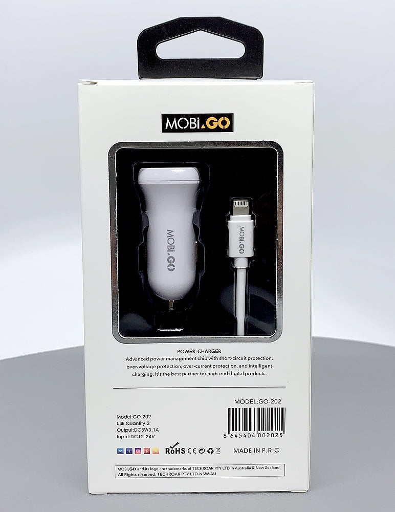 Mobigo dual USB fast car charger with lightning cable GO202