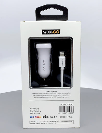 Mobigo dual USB fast car charger with lightning cable GO202