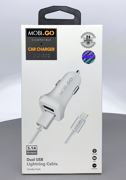 Mobigo dual USB fast car charger with lightning cable GO202