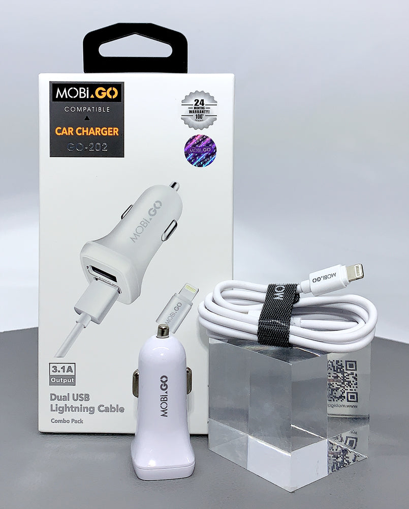 Mobigo dual USB fast car charger with lightning cable GO202