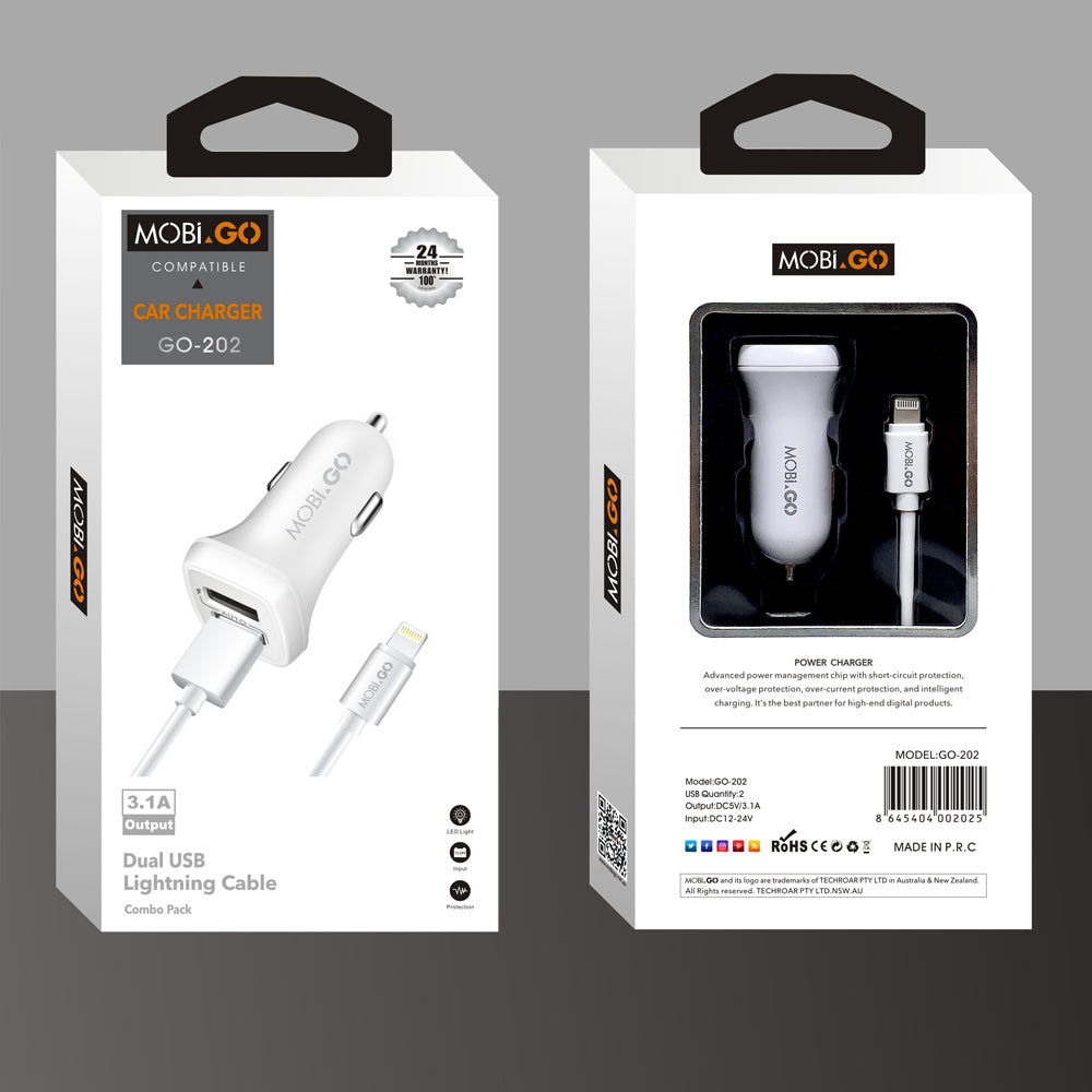 Mobigo dual USB fast car charger with lightning cable GO202