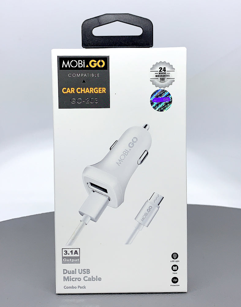 Mobigo dual USB fast car charger with micro cable GO203