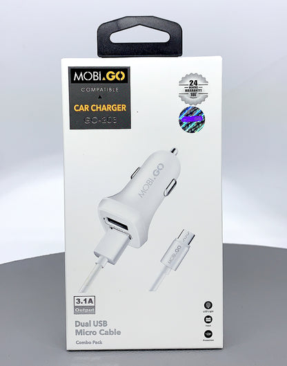 Mobigo dual USB fast car charger with micro cable GO203