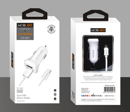 Mobigo dual USB fast car charger with micro cable GO203