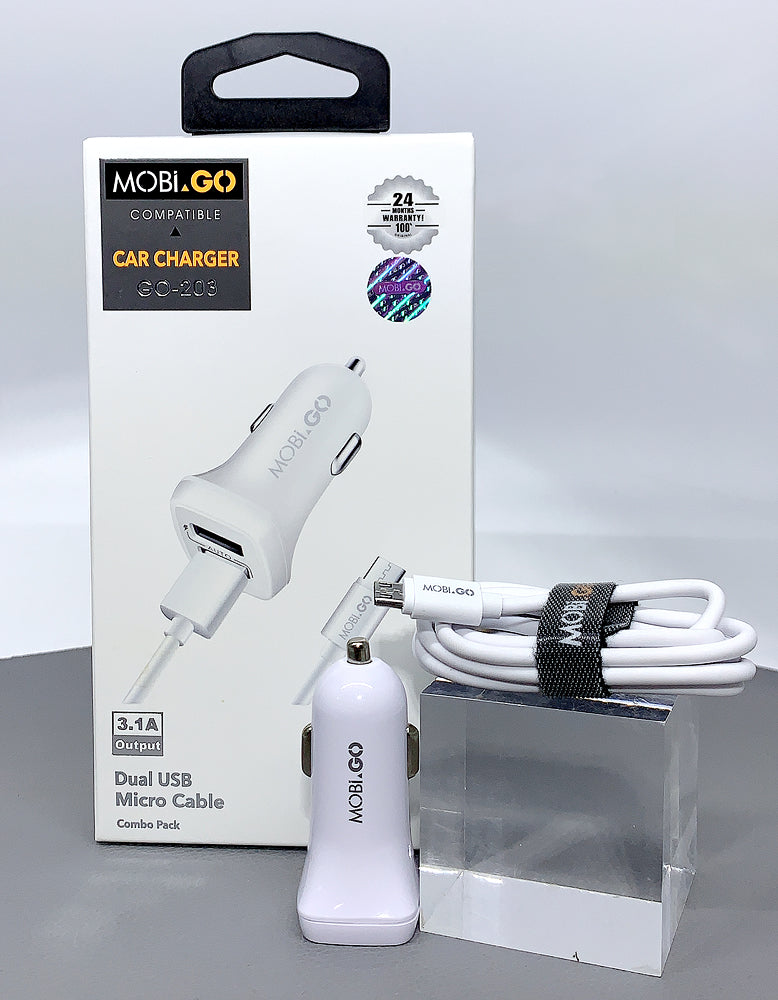 Mobigo dual USB fast car charger with micro cable GO203
