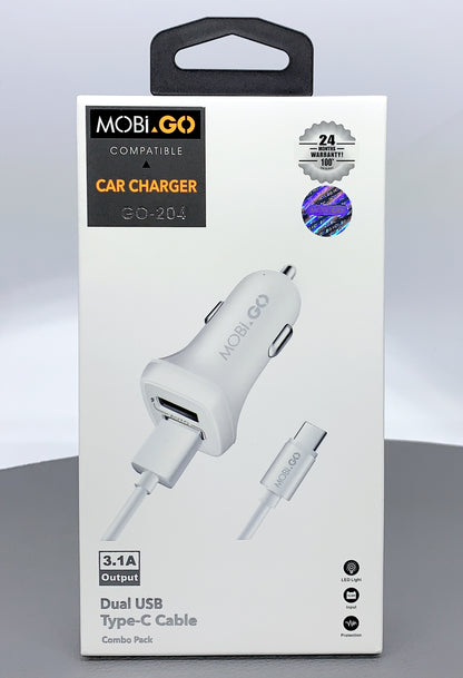 Mobigo dual USB fast car charger with type-c cable GO204