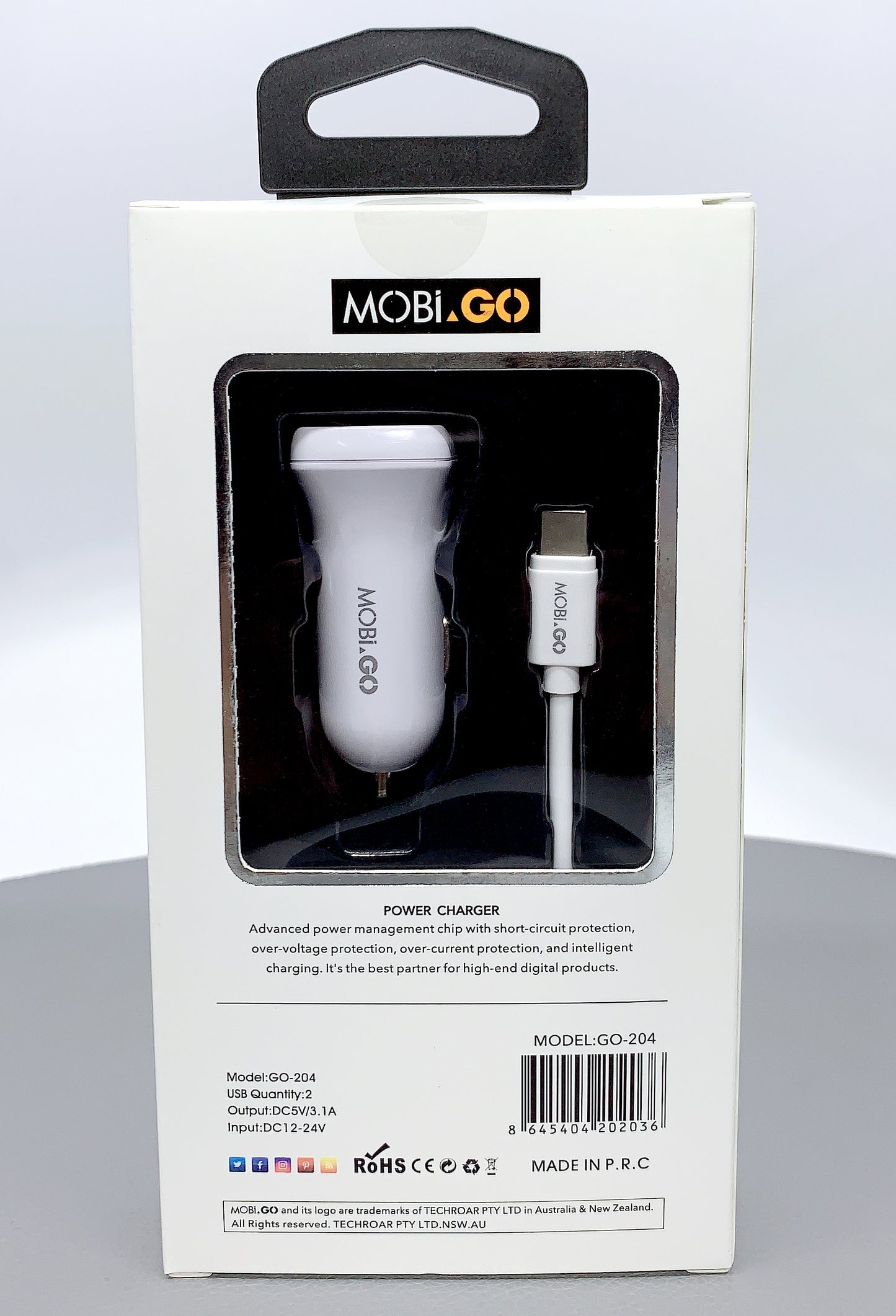 Mobigo dual USB fast car charger with type-c cable GO204