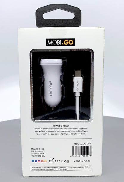 Mobigo dual USB fast car charger with type-c cable GO204