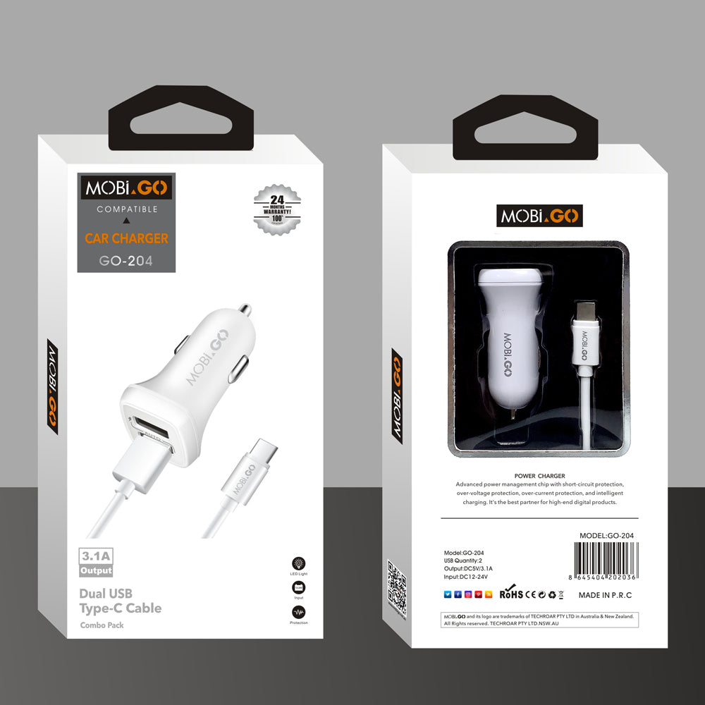 Mobigo dual USB fast car charger with type-c cable GO204